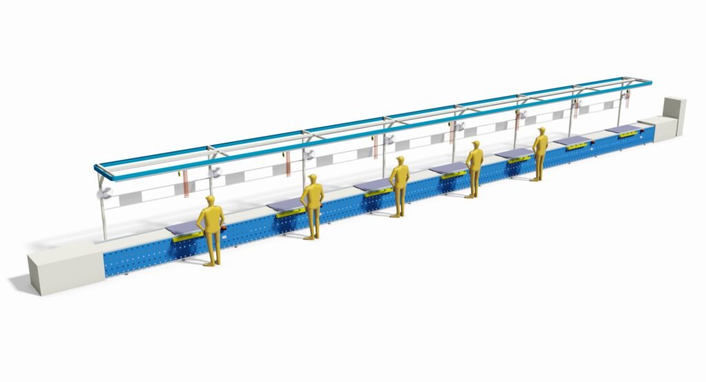 Double-speed chain conveyor line for electromechanical product assembly production