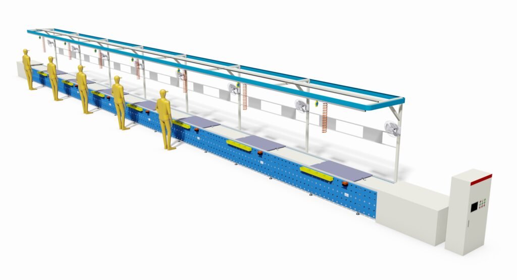 Double-speed chain conveyor line for electromechanical product assembly production