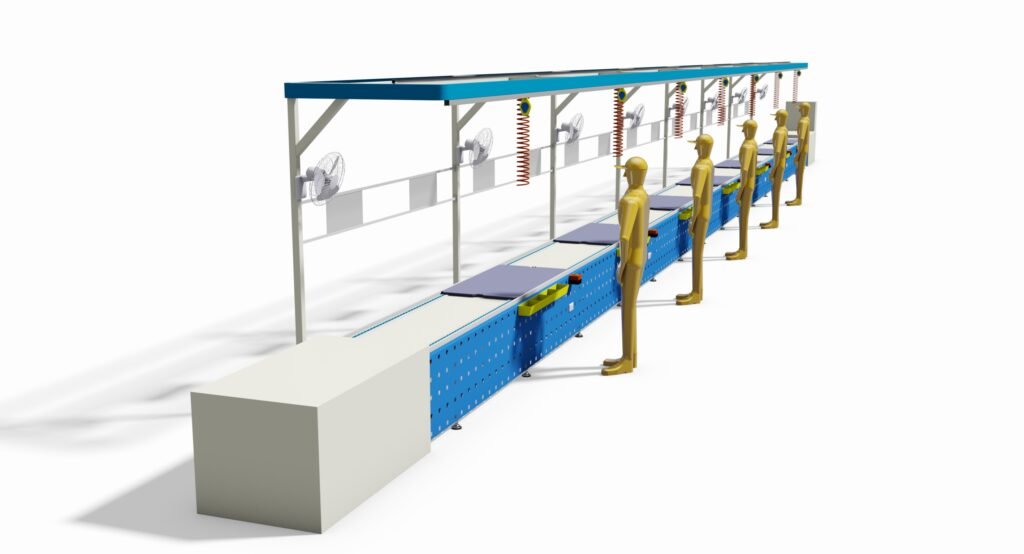 Double-speed chain conveyor line for electromechanical product assembly production