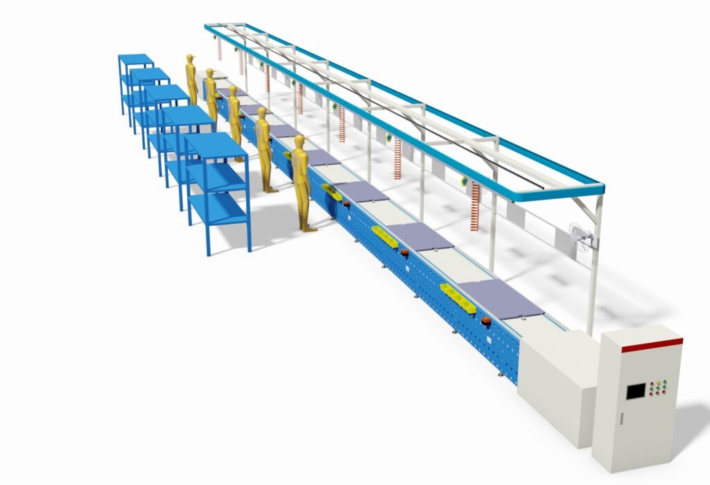 Double-speed chain conveyor line for electromechanical product assembly production