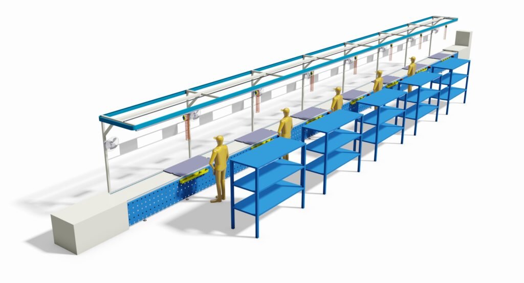 Double-speed chain conveyor line for electromechanical product assembly production