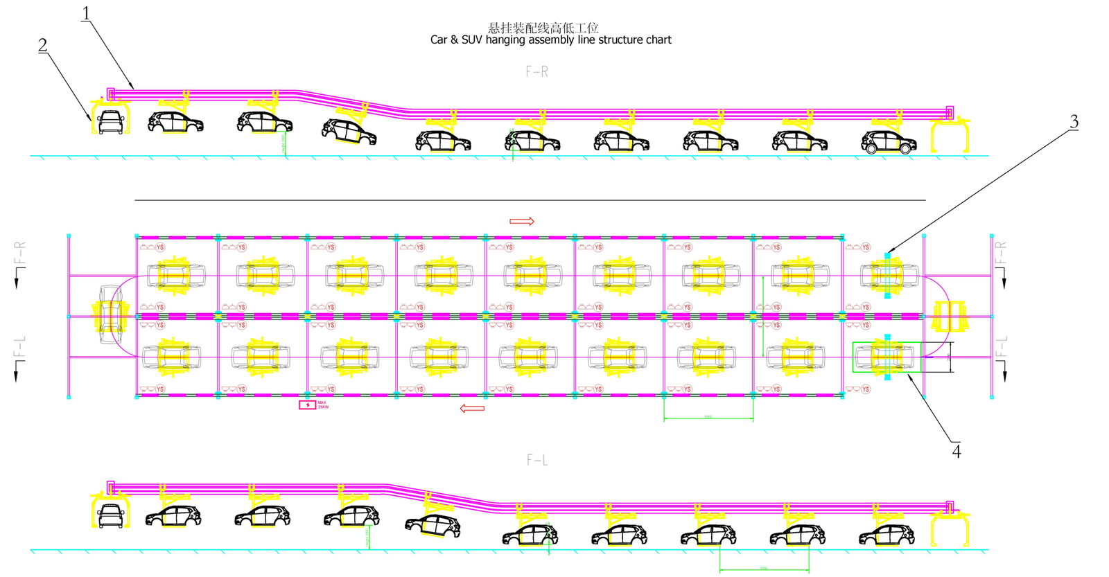 General-purpose overhead conveying line for vehicle assembly