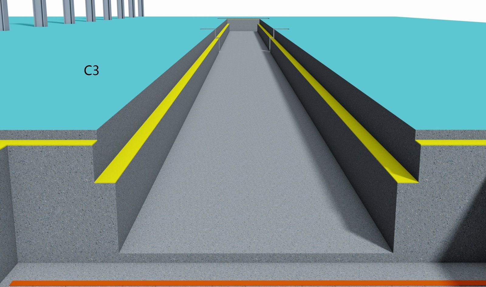 Ground pits and reinforced concrete foundations for conveyor line installation